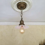 918C Antique 1910S 20S Petticoat Ceiling Light Glass Shade Lamp Fixture Pendant. Fixed Price $265.00.